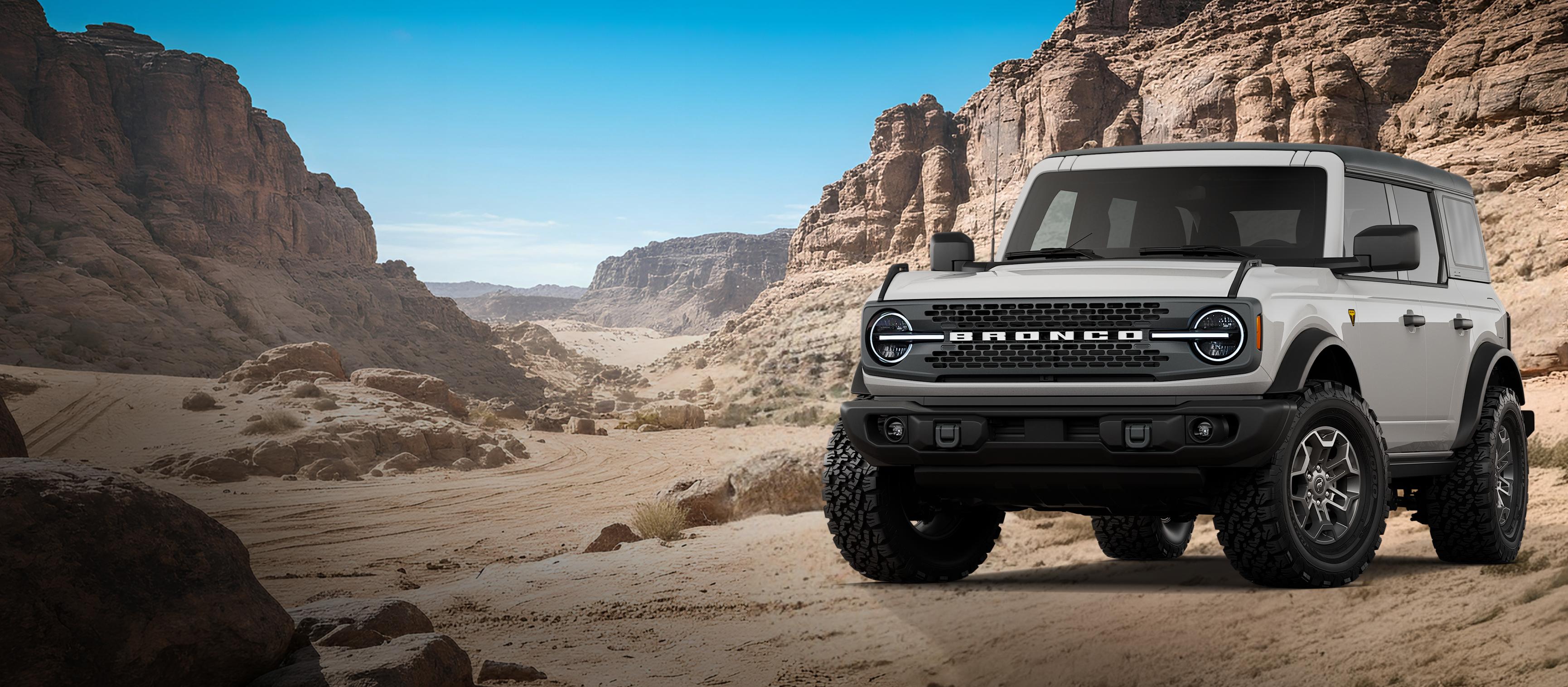 A 2026 Ford Bronco® Badlands model shown in Avalanche Gray parked on a rocky expanse