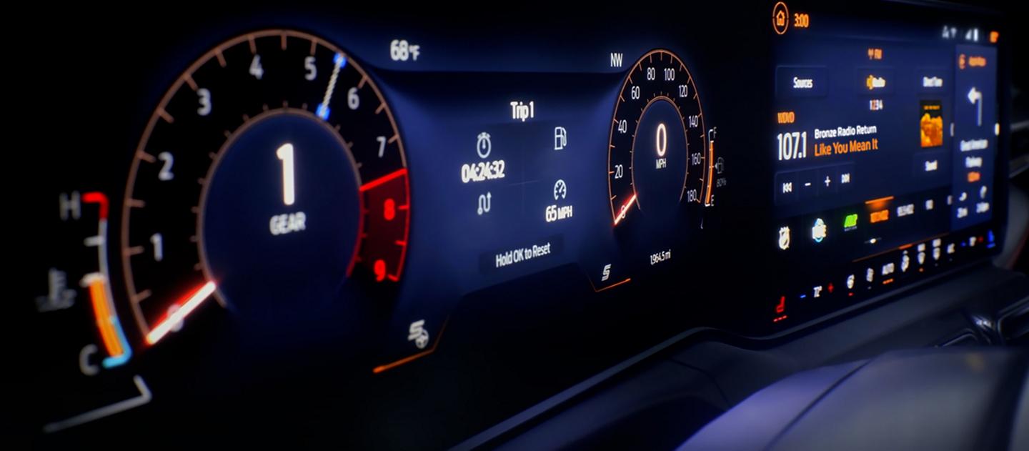 2026 Ford Mustang® dashboard with the available magnesium-framed panoramic curved display