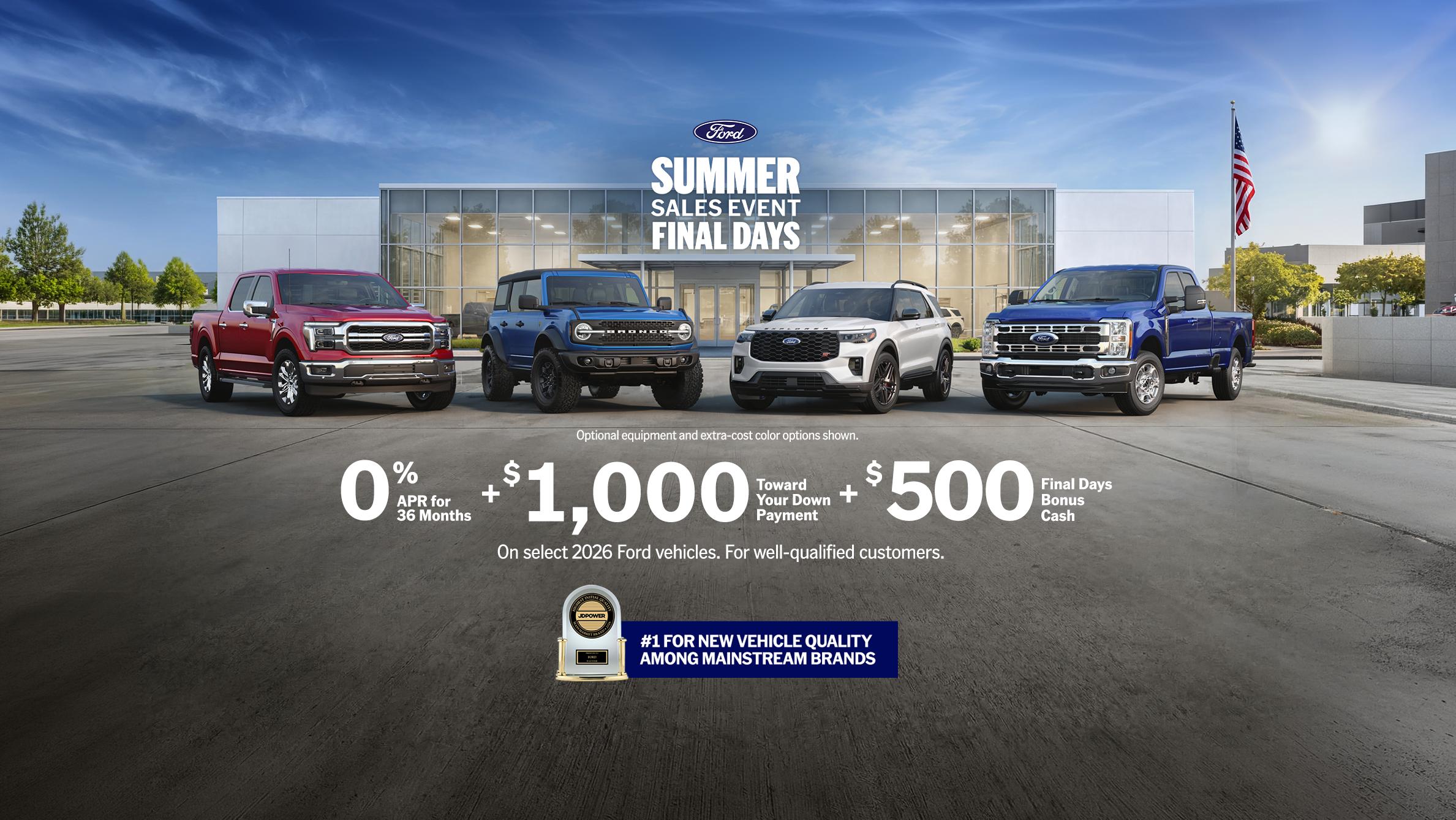 An exterior shot of the dealership with a lineup of 2026 Ford vehicles outside