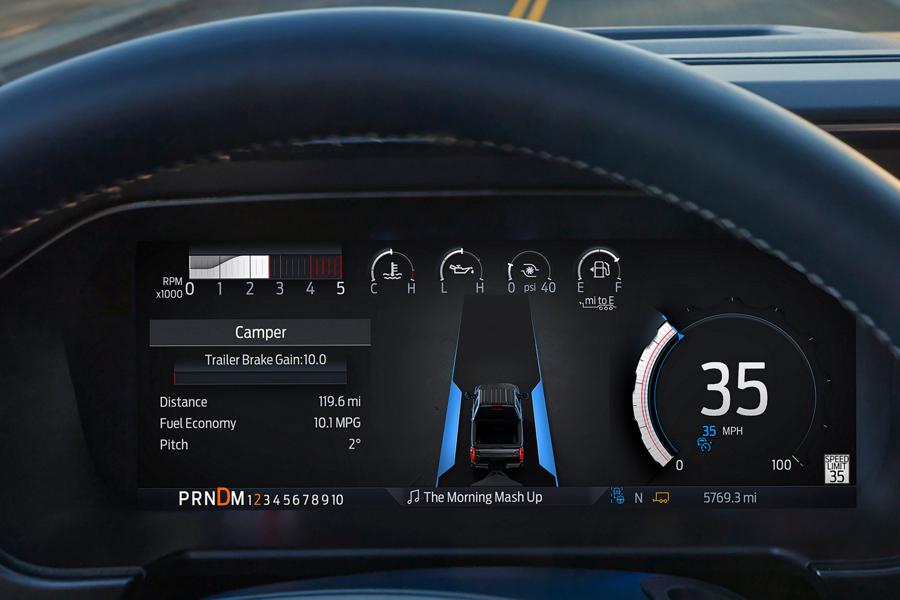Close-up of a 2025 Ford Super Duty® 12-inch digital gauge cluster showing information on-screen