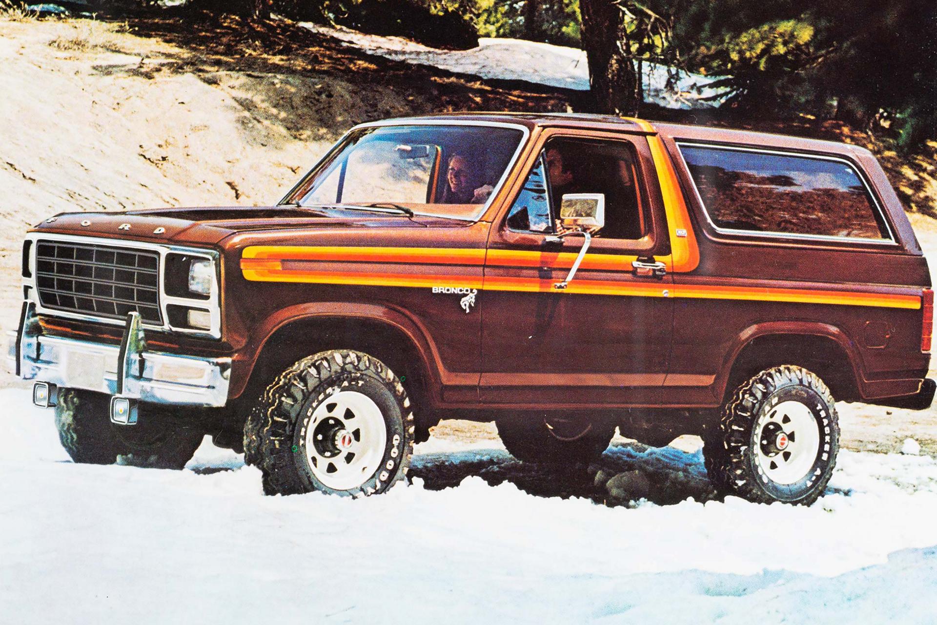 A two-tone 1980 Ford Bronco® Free-Wheeling model parked on snowy path