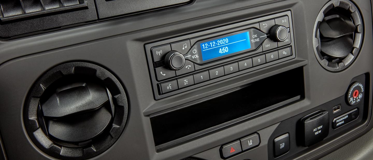 Close-up of the 2026 Ford E-Series Cutaway centre panel radio