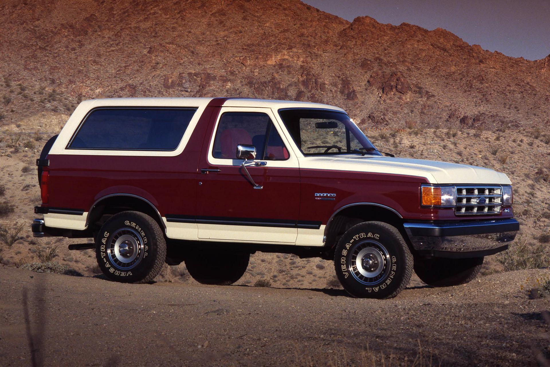 A vintage 1988 two-tone Ford Bronco® model parked in front of a desert landscape