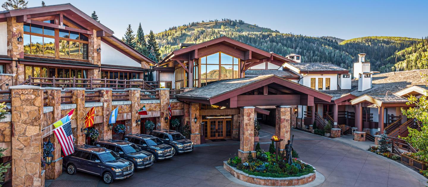 Utah’s Stein Eriksen Lodge beautifully covered with snow.