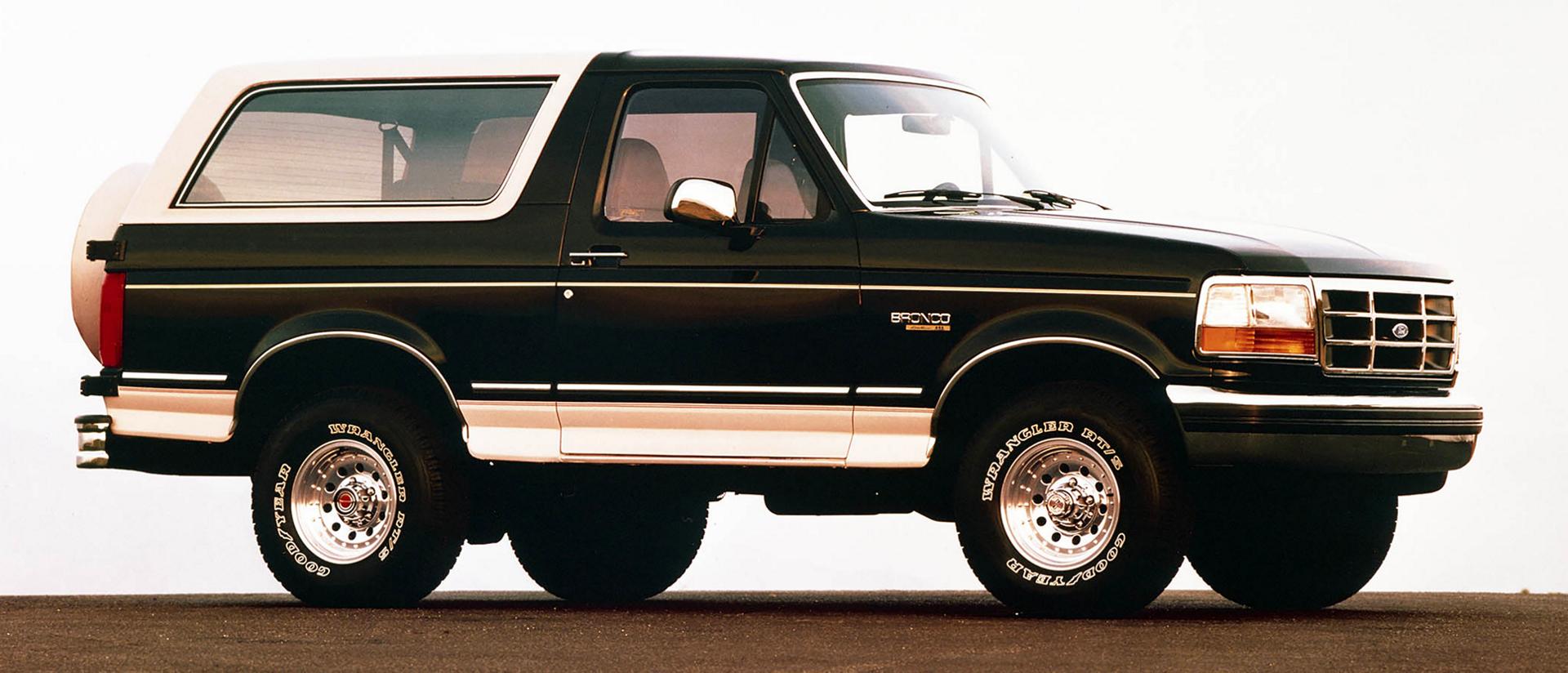 A two-tone black 1992 Ford Bronco® model parked on a dirt plain