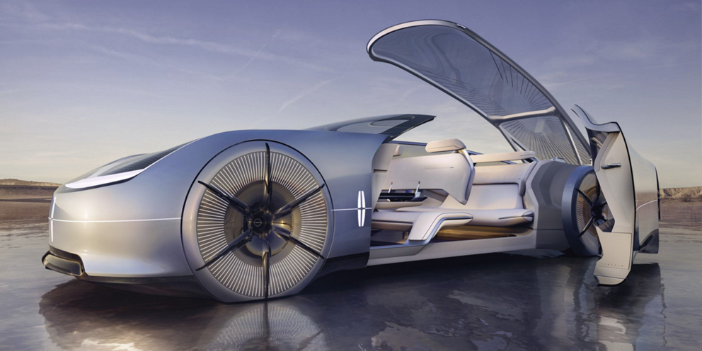 The Lincoln Model L100 concept vehicle is shown here with the glass roof and reverse-hinged doors open.