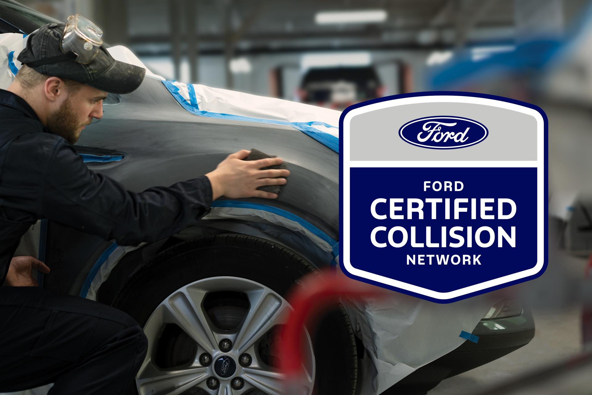 Ford Certified Collision Network logo over Ford technician doing repair preparation on a vehicle