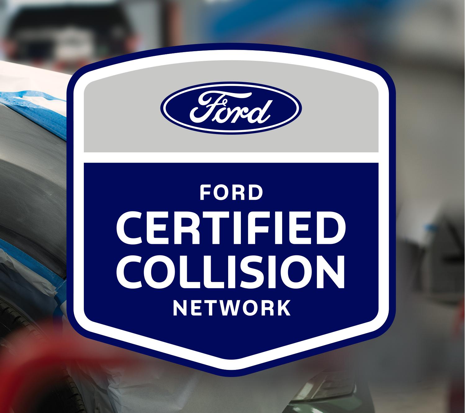 Ford Certified Collision Network logo over Ford technician doing repair preparation on a vehicle