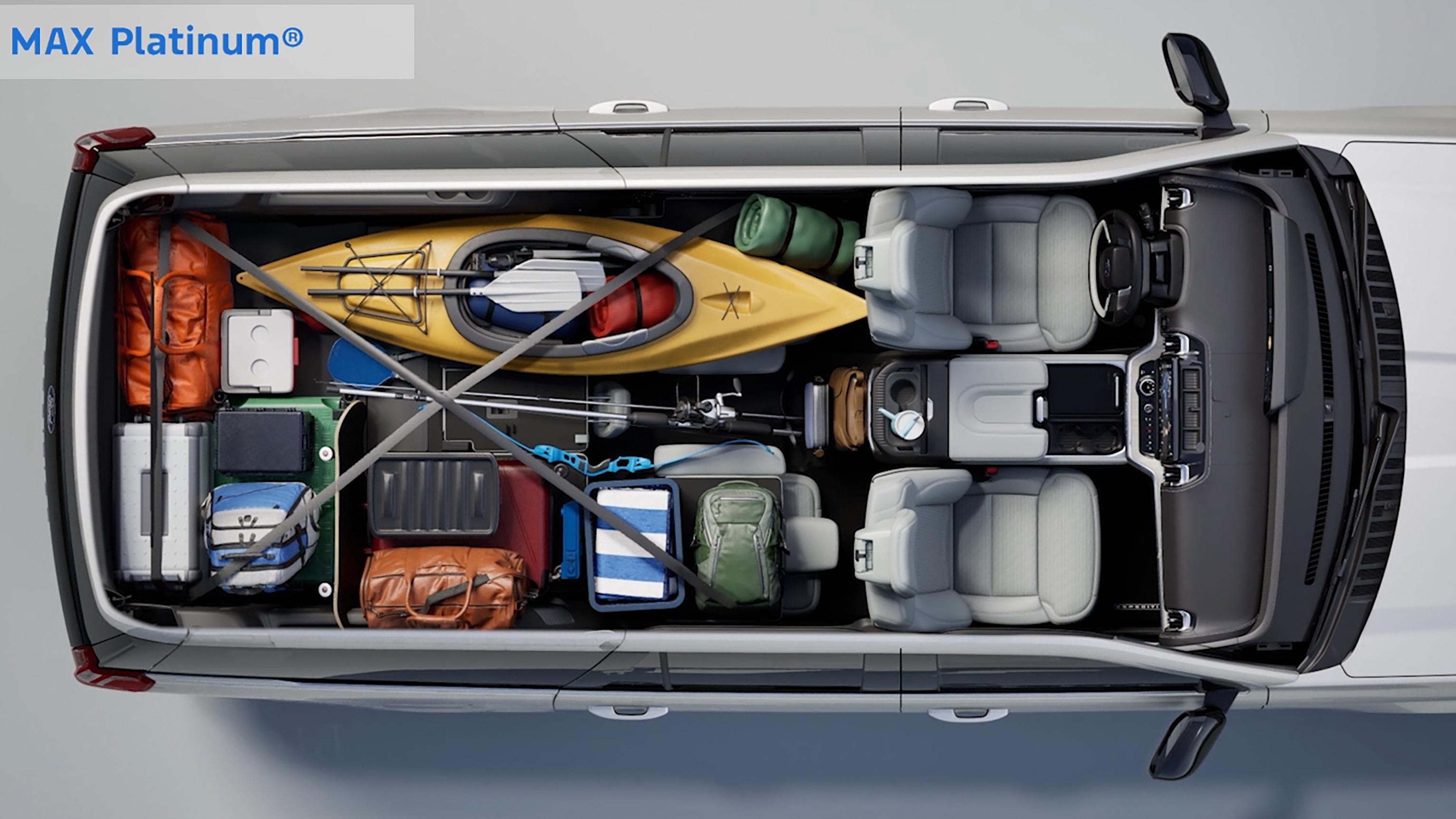 A 2026 Ford Expedition® Platinum® and an Expedition® MAX Platinum® interior seating configuration with various cargo