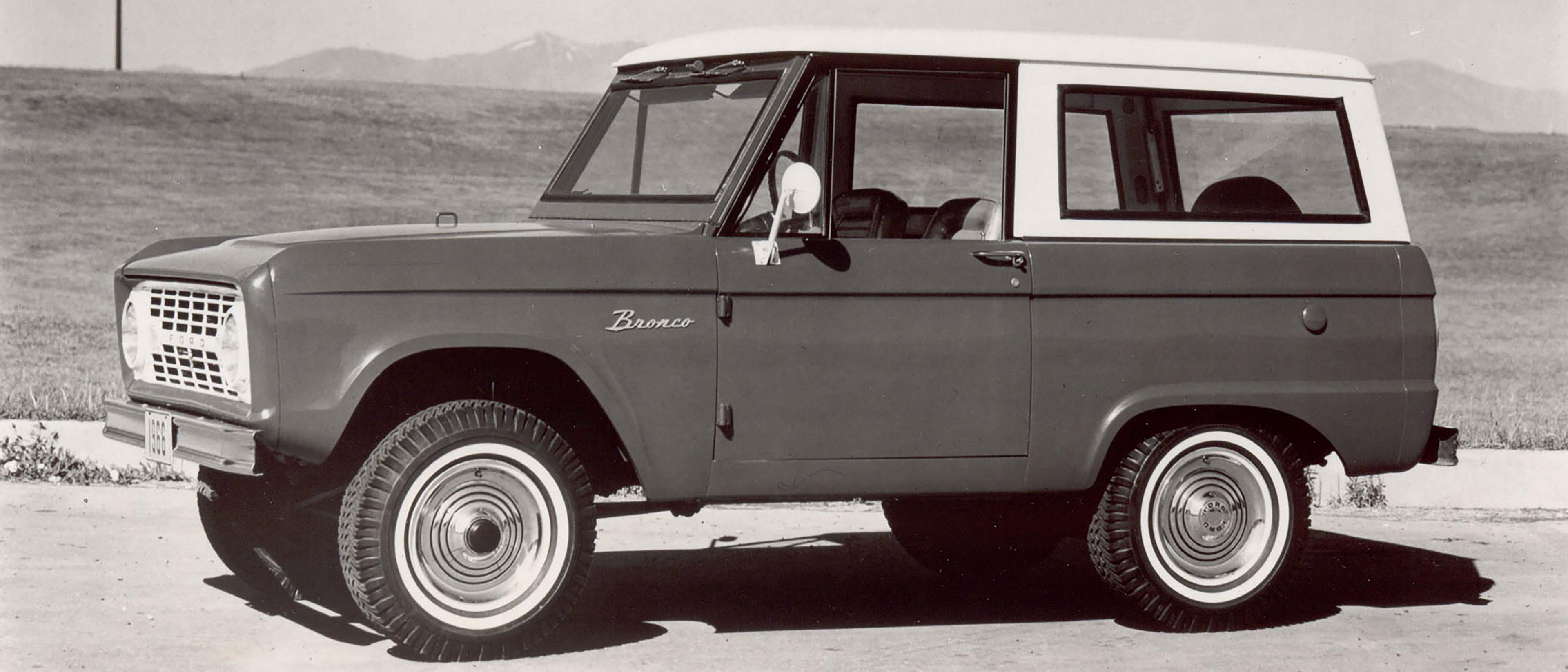 A black and white photo of the original Ford Bronco® Wagon model