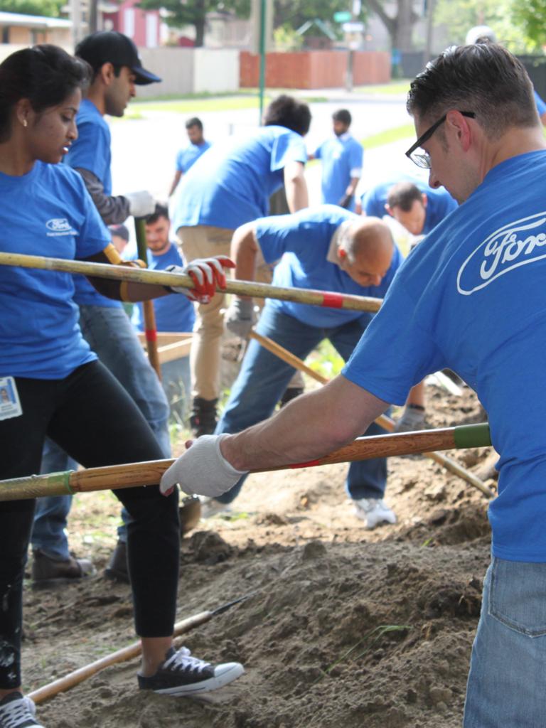 Volunteers work together in an urban garden