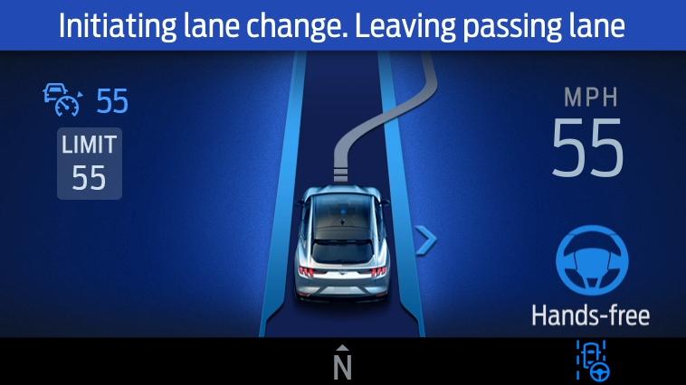 Cluster display showing a BlueCruise Automatic Lane Change on a 2026 Ford Mustang Mach-E® SUV