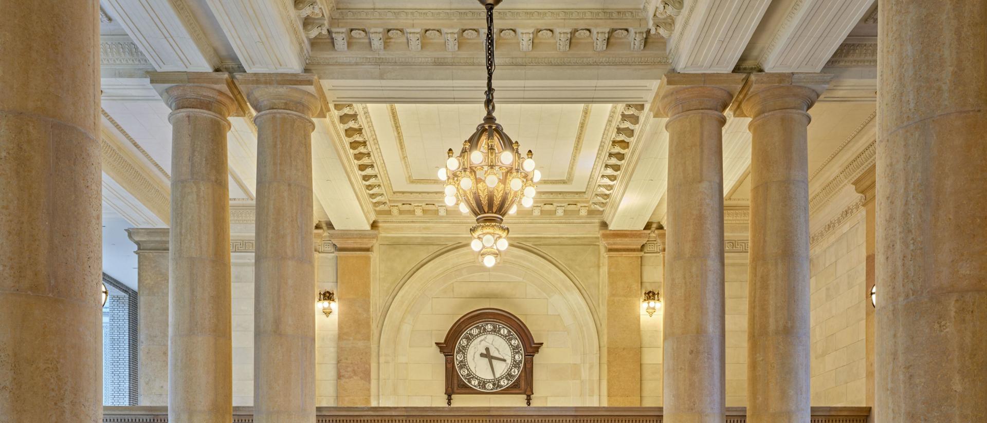 An architectural depiction of the restoration plans for Michigan Central Station and the surrounding campus