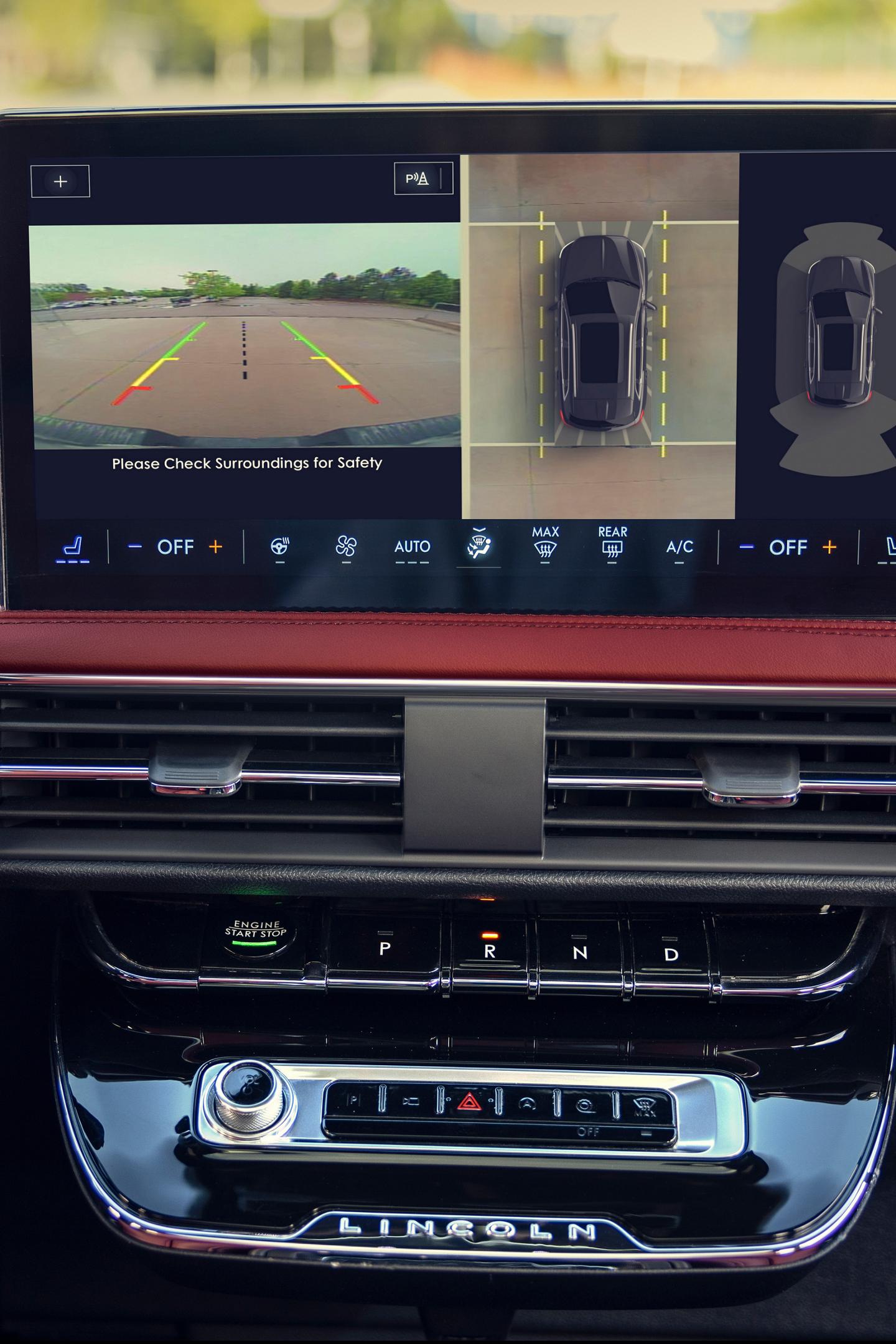 A 360-degree view of what surrounds a 2026 Lincoln Corsair is shown on the centre touchscreen