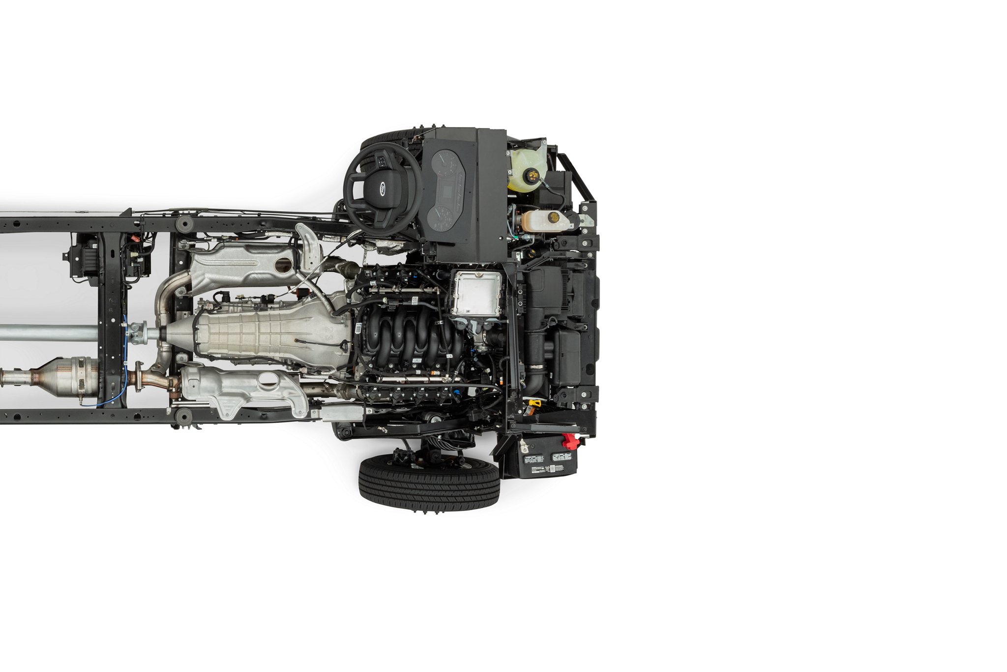 Vue de dessus d’un châssis nu Ford série E 2025 sans carrosserie