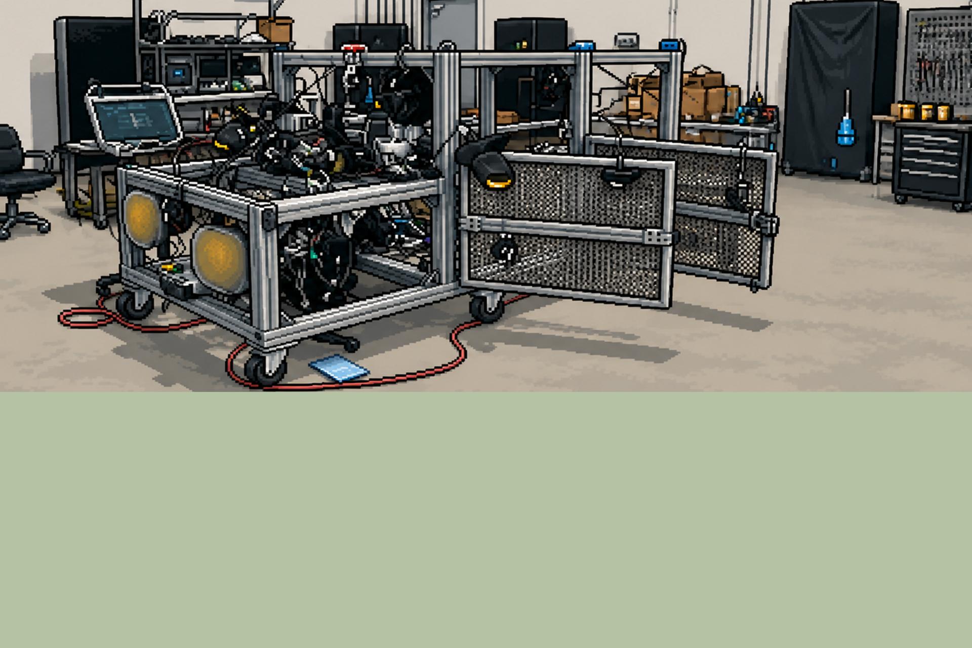 A mobile industrial equipment cart with machinery, tools, and open storage compartments in a workshop