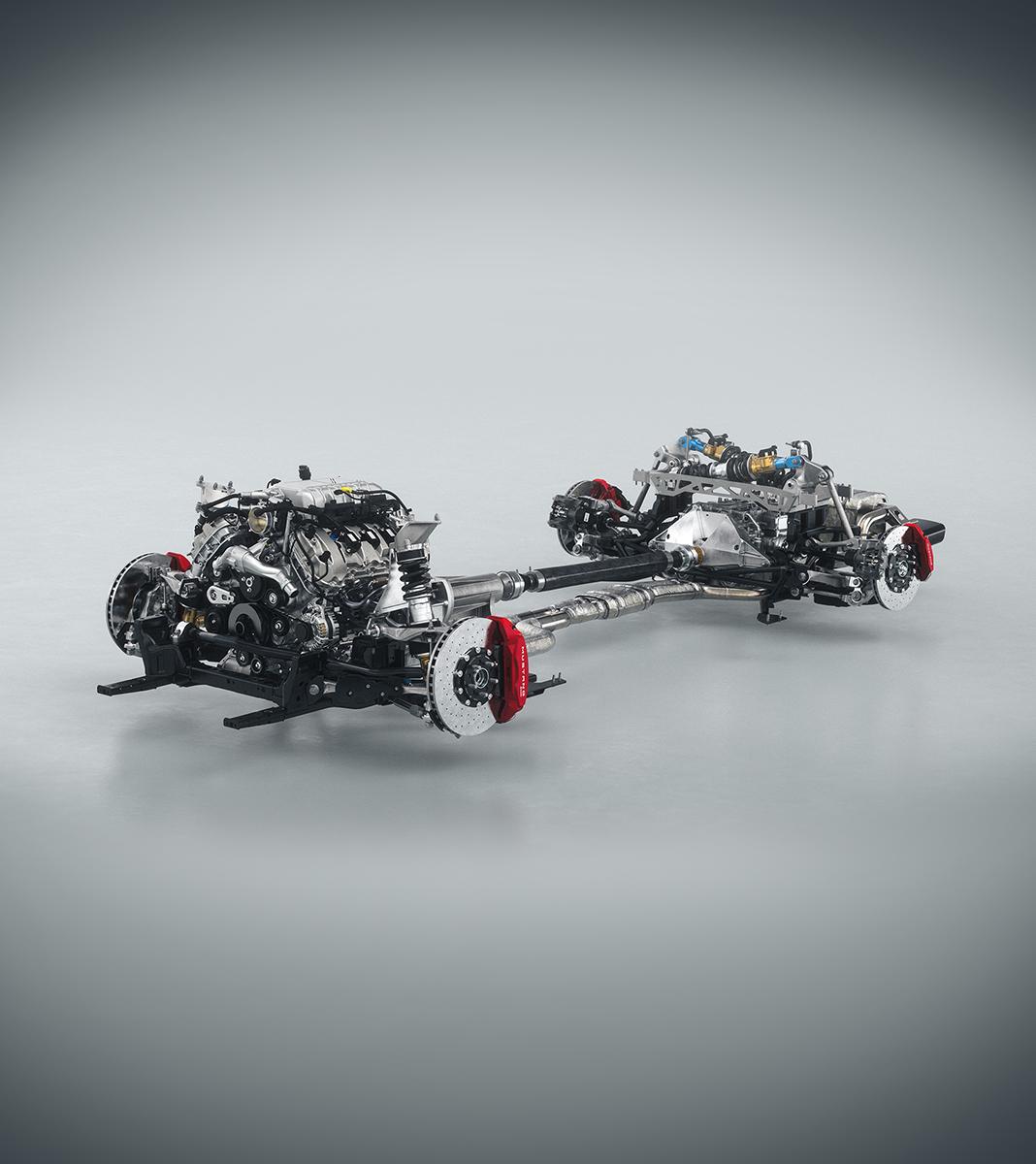 Cutaway of the 2026 Ford Mustang® GTD showing the engine, suspension, driveshaft and transaxle