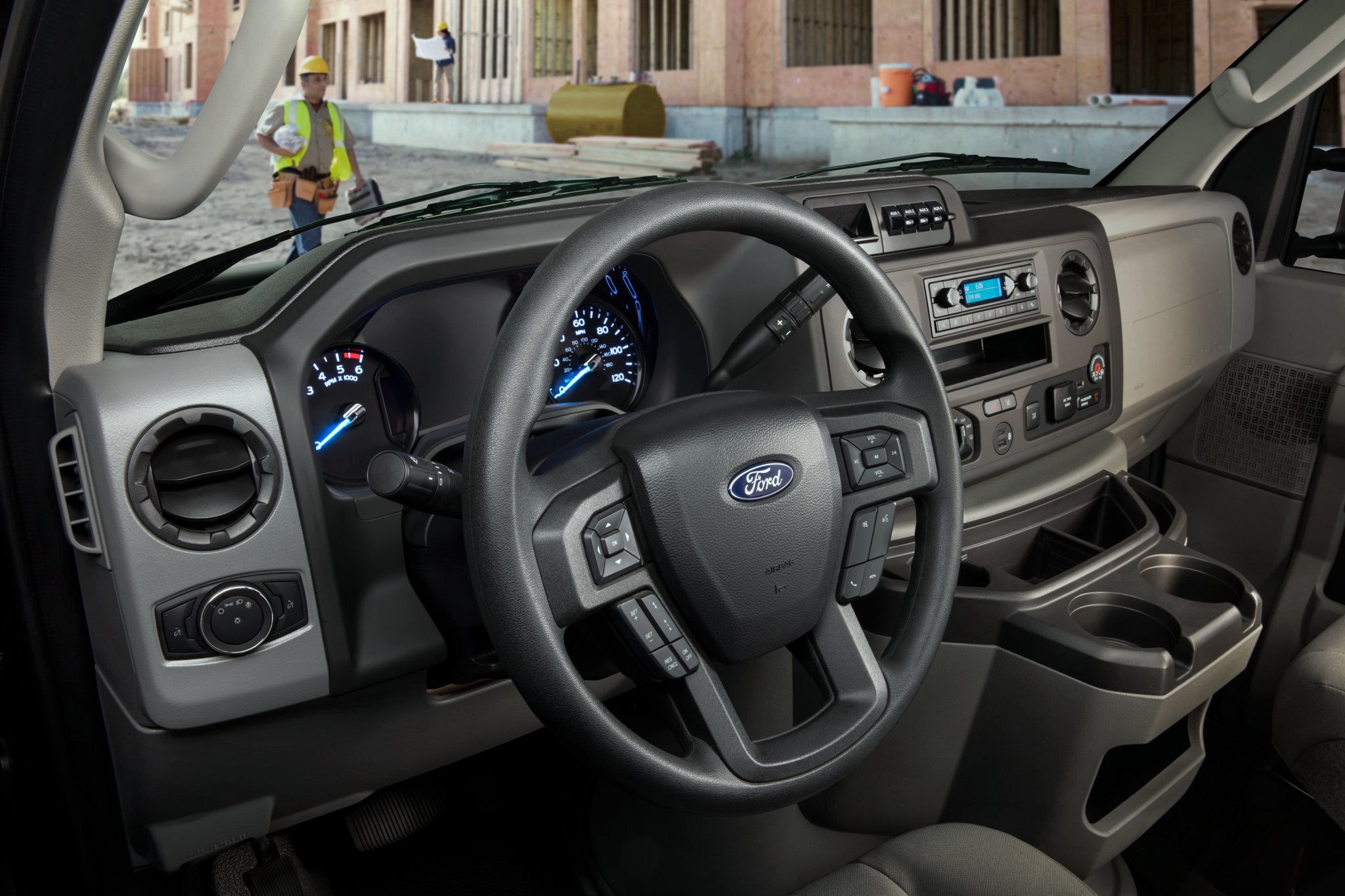 Close-up of the 2025 Ford E-Series Cutaway ergonomic Instrument Panel