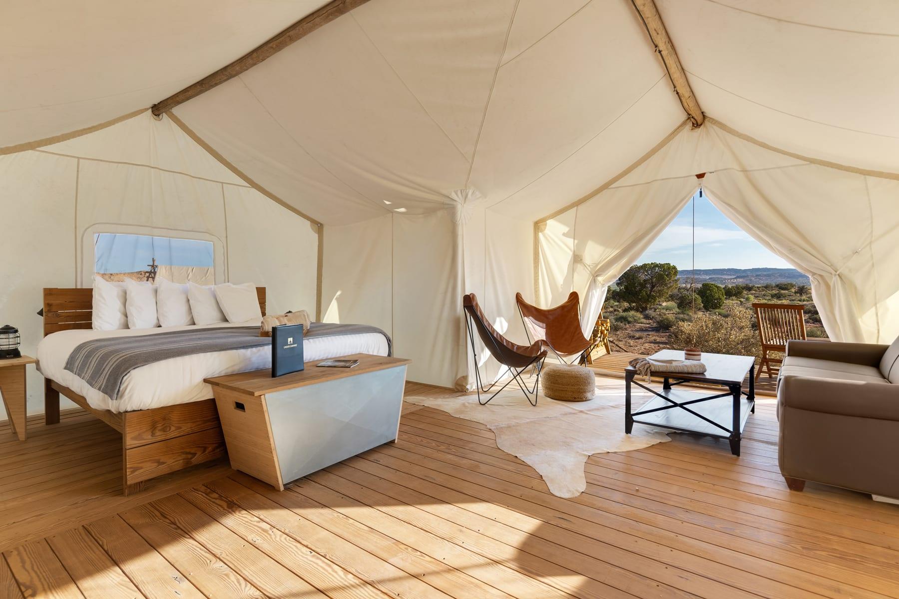 The inside of an Under Canvas® tent
