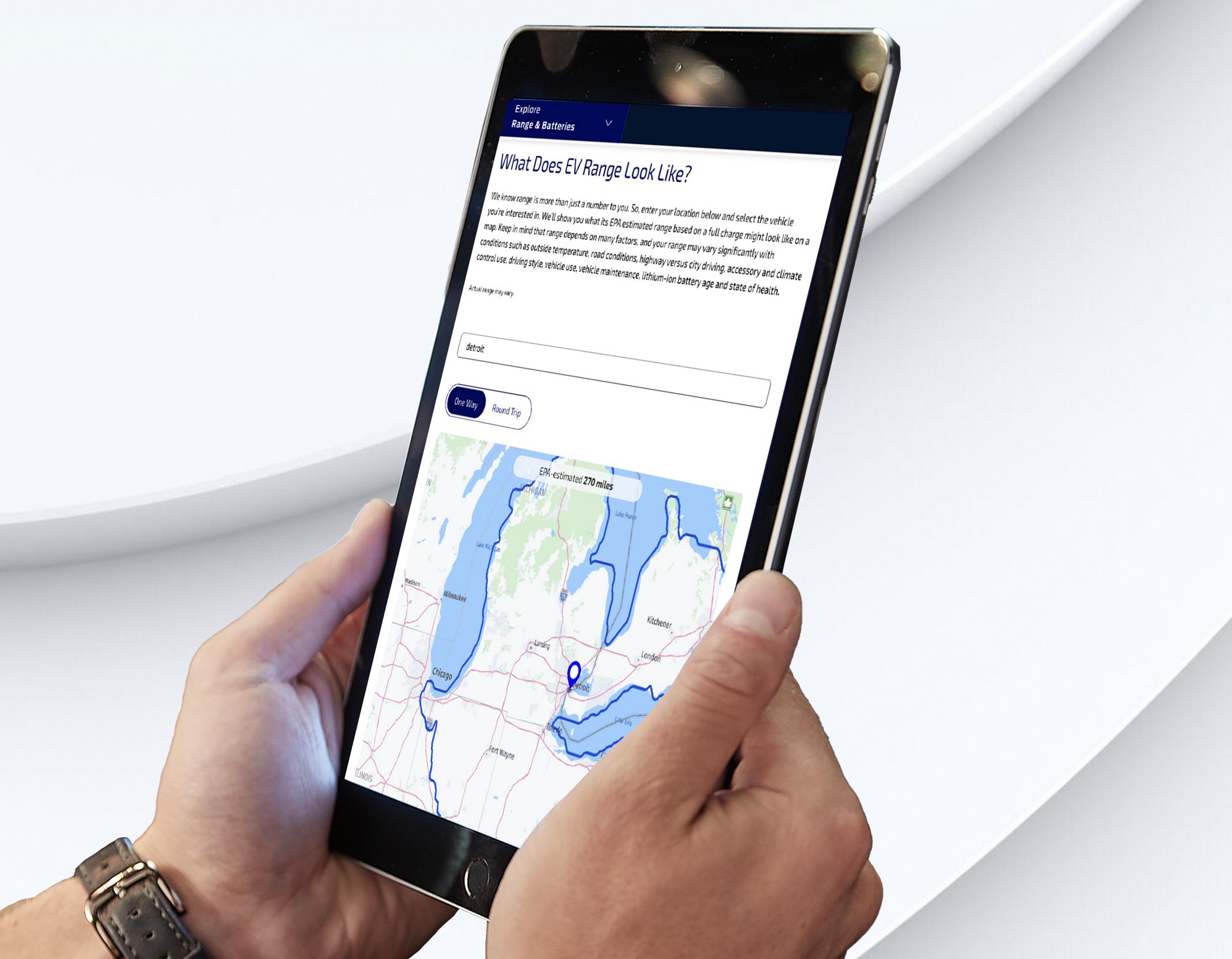 The Ford EV range tool displayed on a tablet device