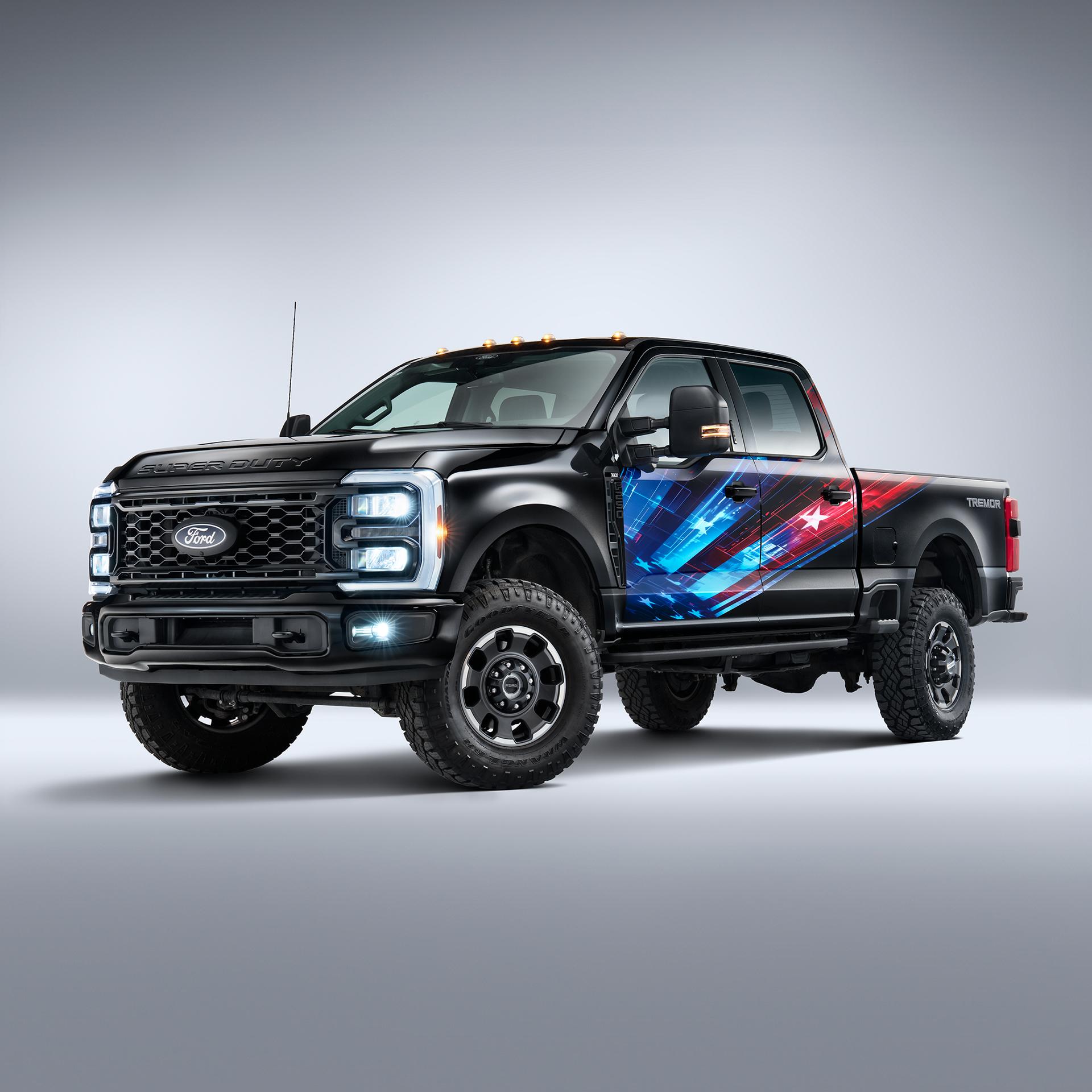 Side view of black truck with flag decal