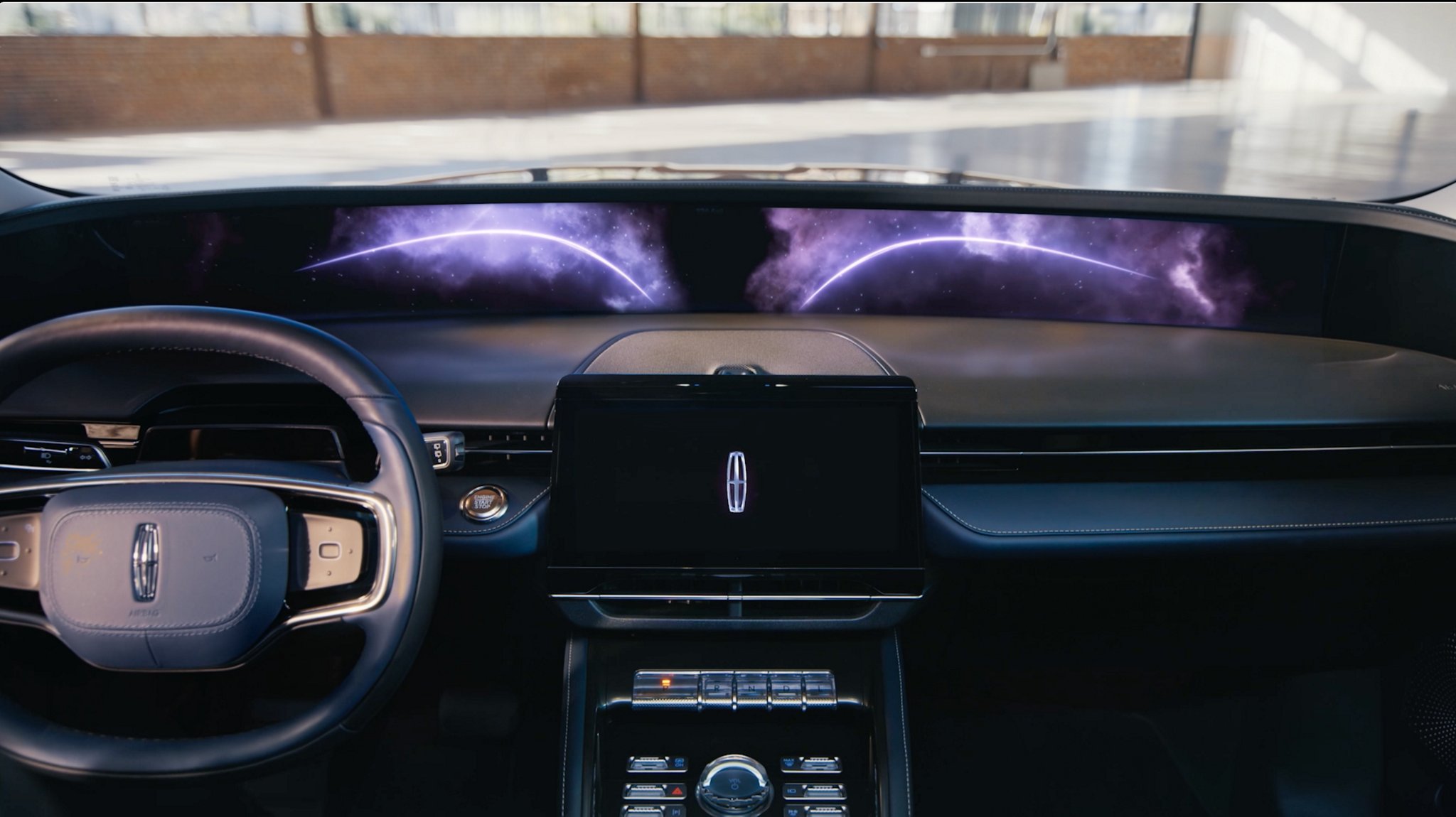 The 2025 Lincoln Nautilus SUV interior panoramic display screen with the Lincoln Embrace animation displaying