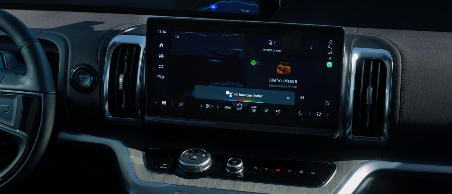 An interior, driver’s perspective of The Ford Digital Experience present on the instrument cluster and centre screen.