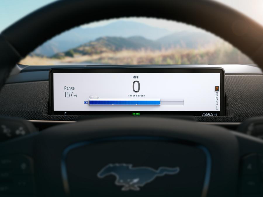The vehicle range indicator on a 2023 Ford Mustang Mach-E dashboard screen