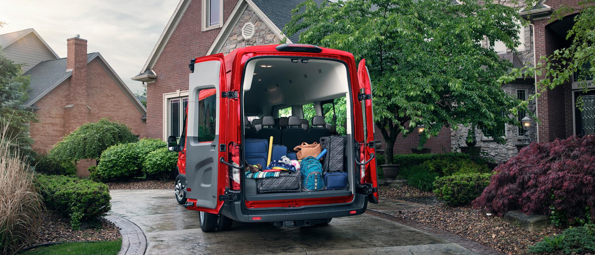 A 2026 Ford Transit® van rear view with supplies loaded
