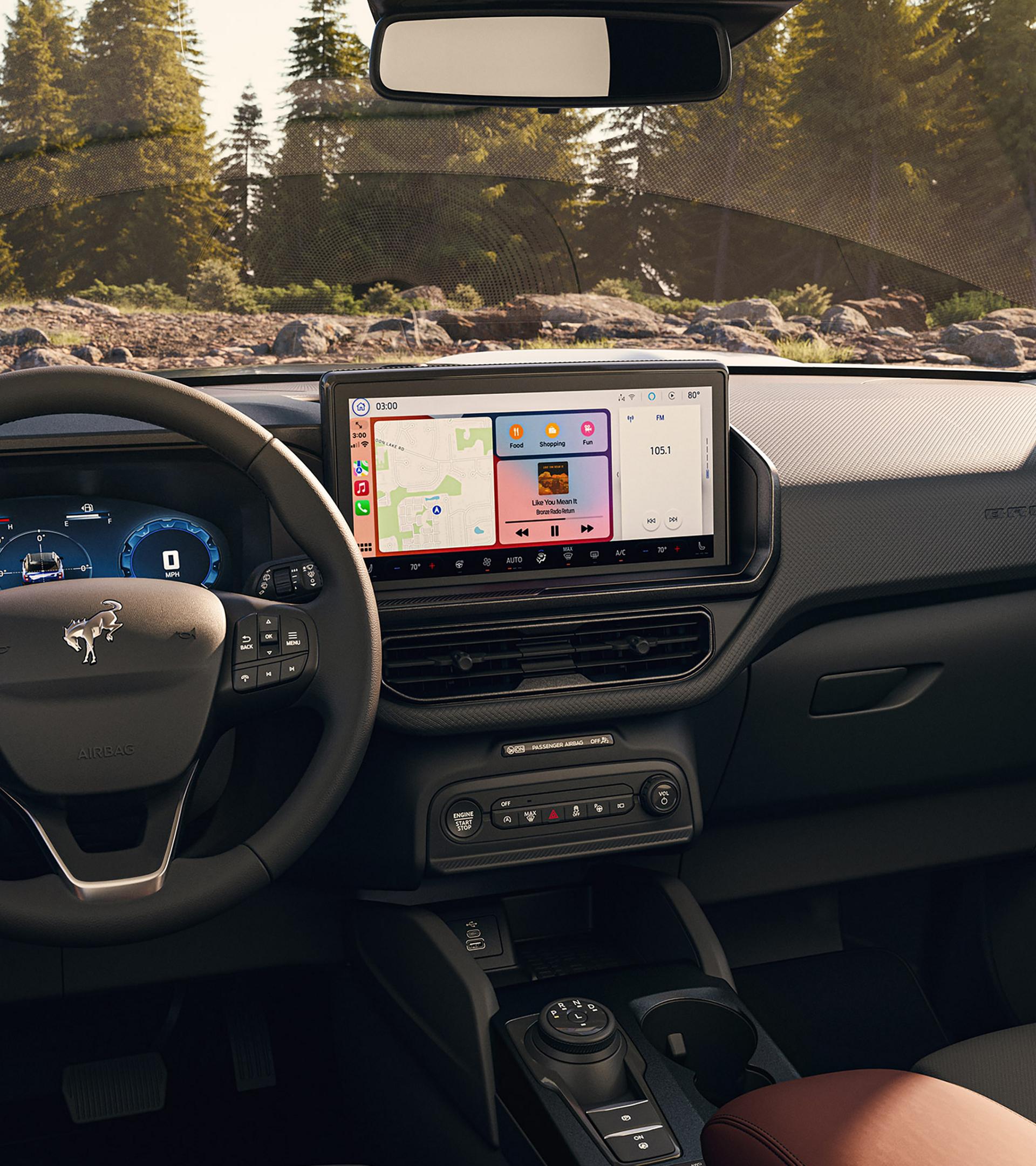 2026 Ford Bronco Sport® interior highlighting the steering wheel and center console screen