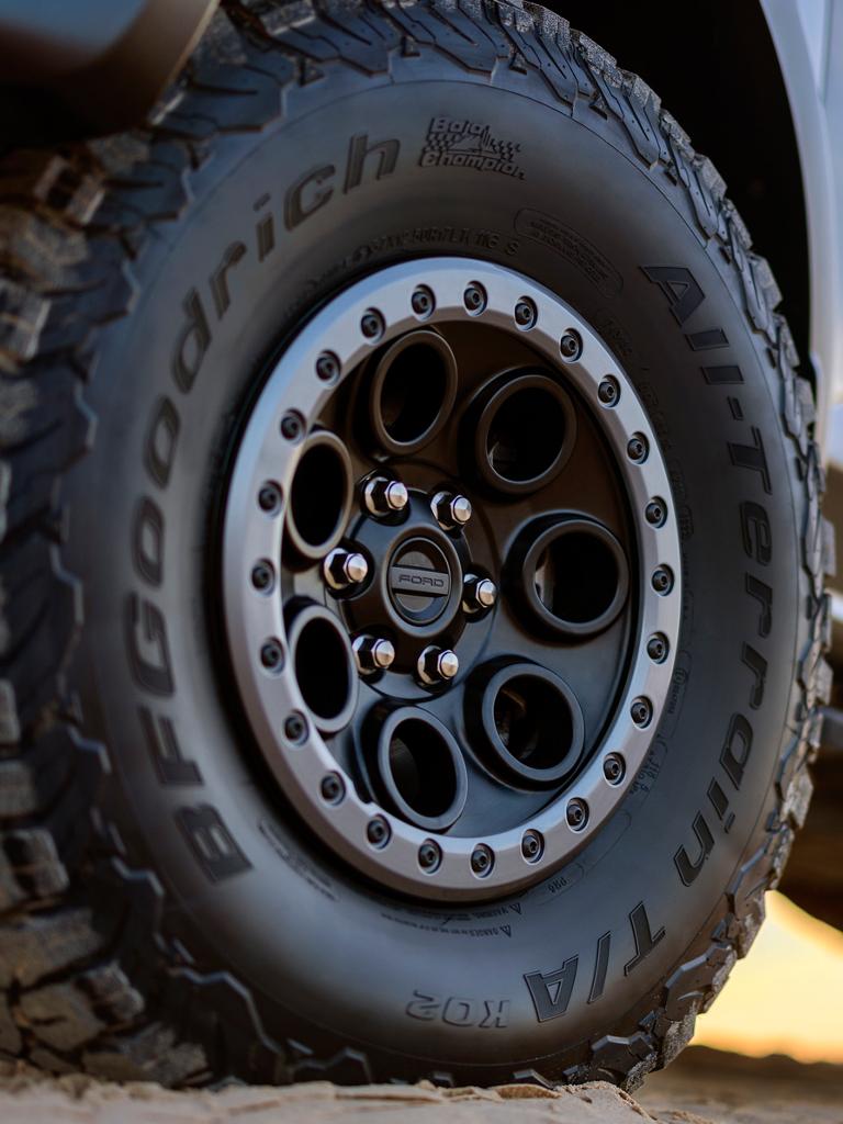 Close-up of the 37-inch wheel and all-terrain tires of a 2026 Ford F-150® Raptor® truck