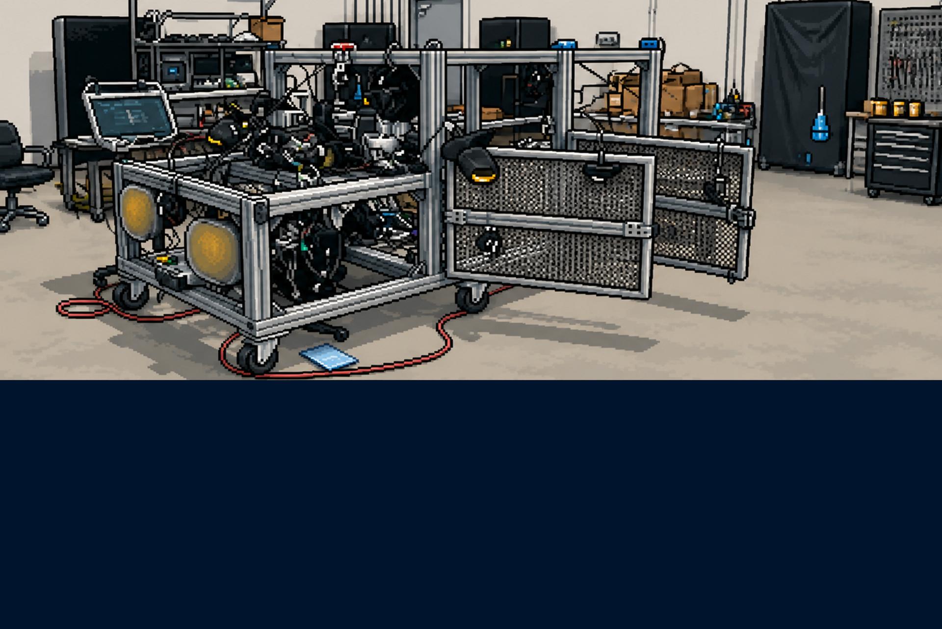 A mobile industrial equipment cart with machinery, tools, and open storage compartments in a workshop