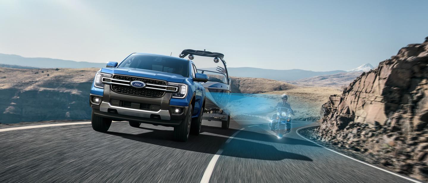A 2026 Ford Ranger® truck using the BLIS® with Cross-Traffic Alert and Trailer Coverage feature