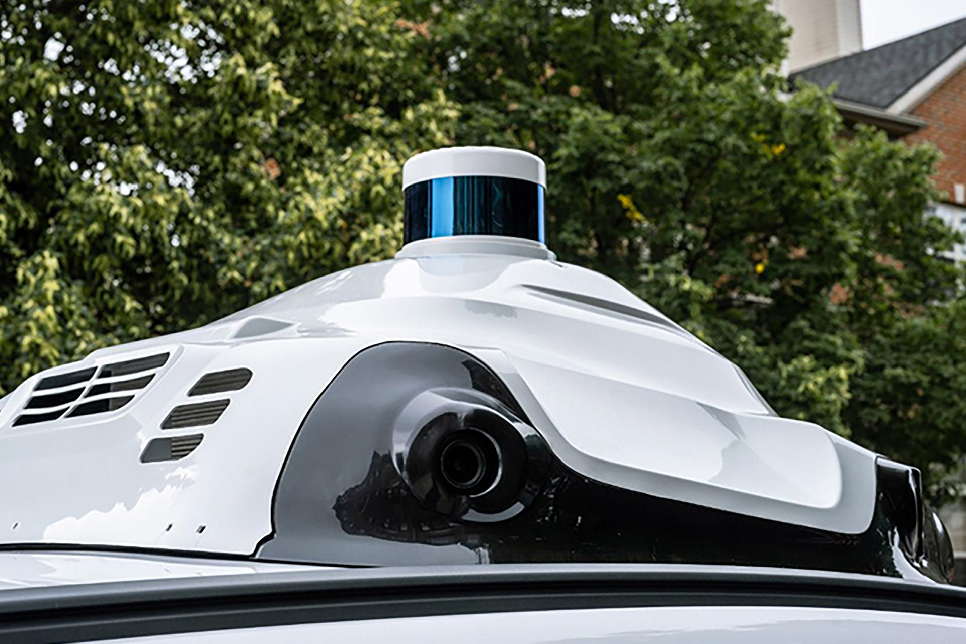 Part of the sensing suite at the top of the self-driving vehicle