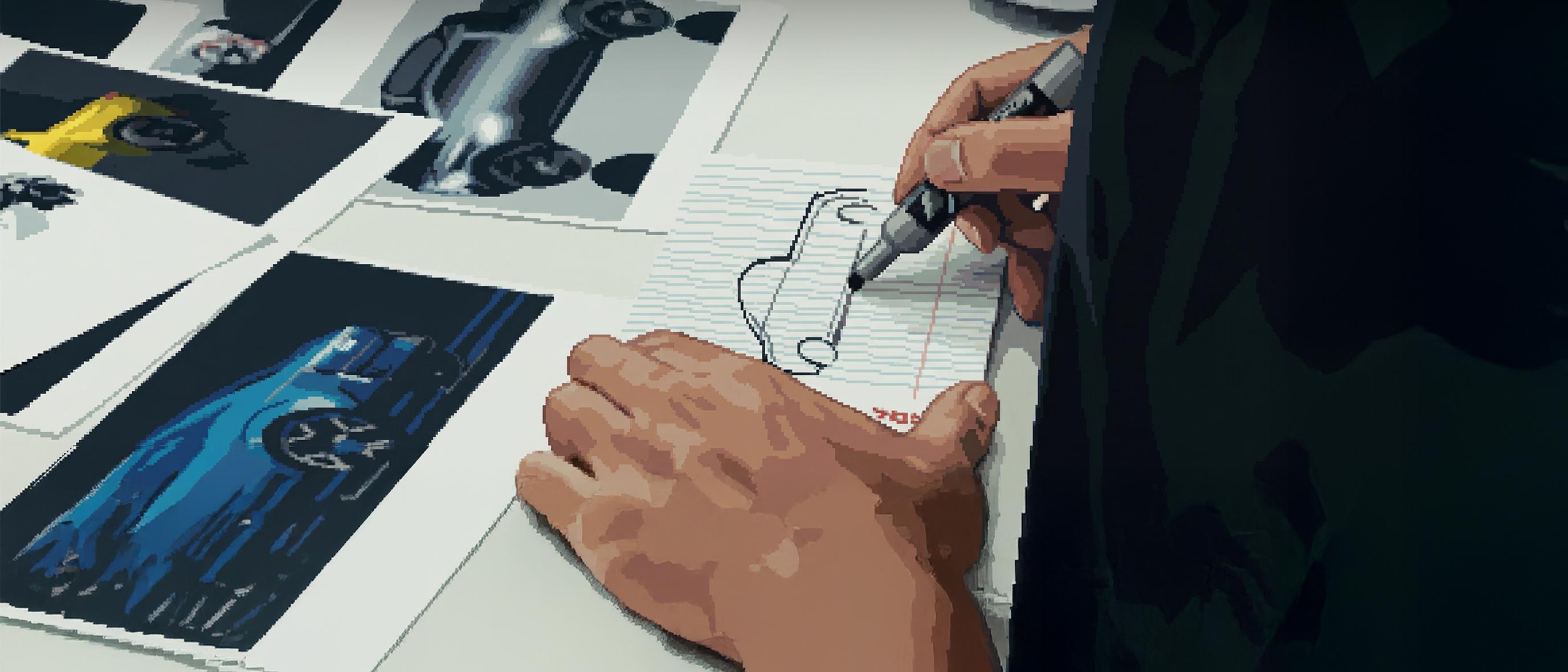 Close-up of hands on a drafting table drawing the silhouette of a pickup truck