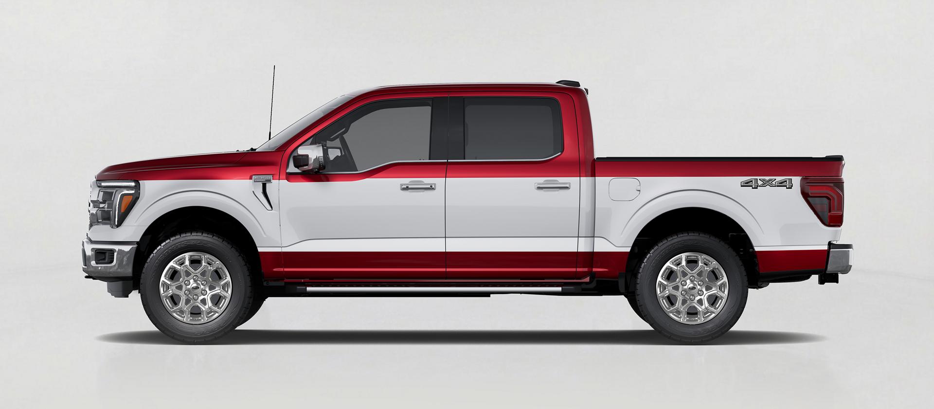2027 Ford F-150® Two-Tone Package featuring Oxford White and dark red two-tone exterior design displayed in profile view