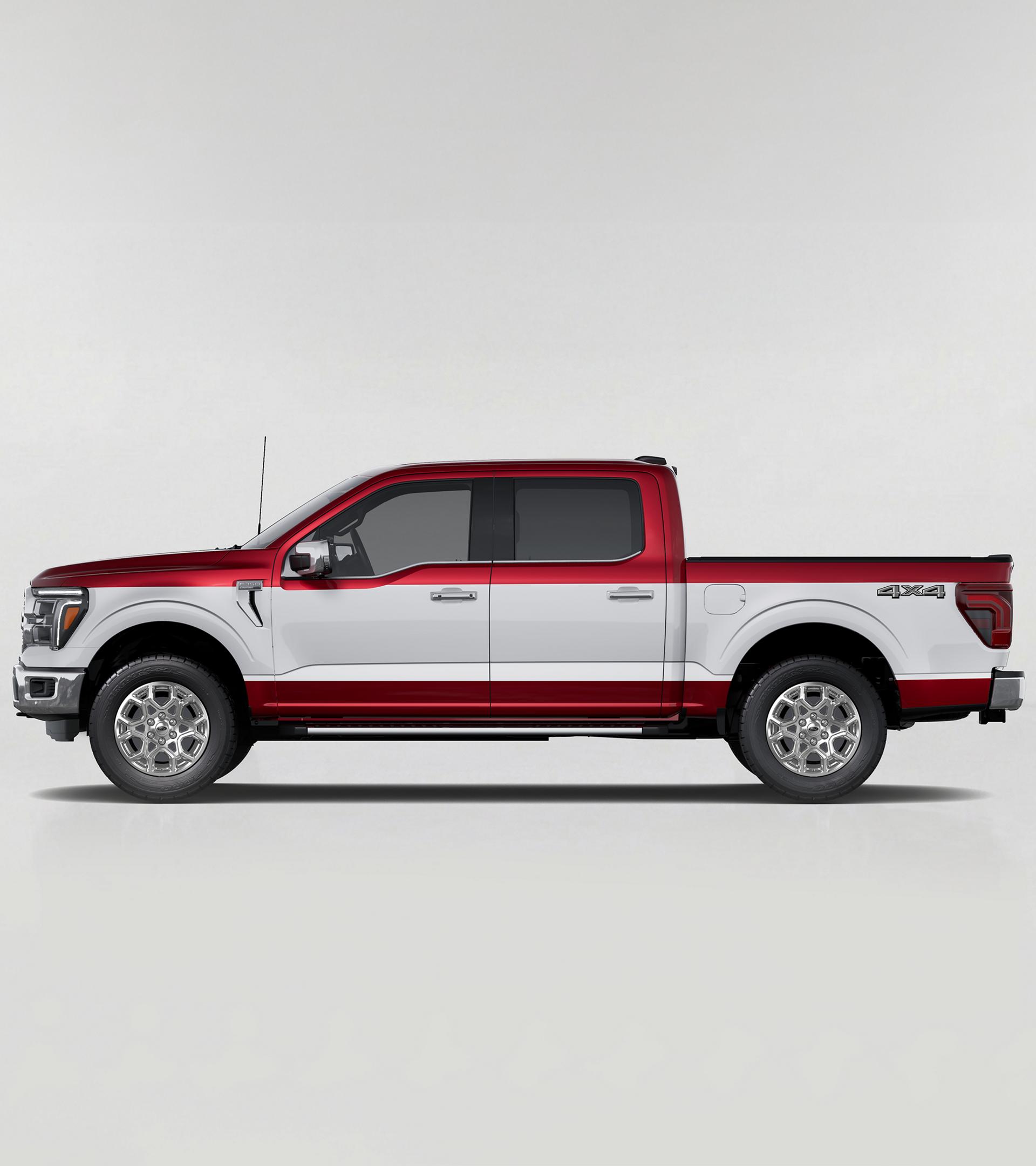 2027 Ford F-150® Two-Tone Package featuring an Oxford White and dark red two-tone exterior design shown in profile view