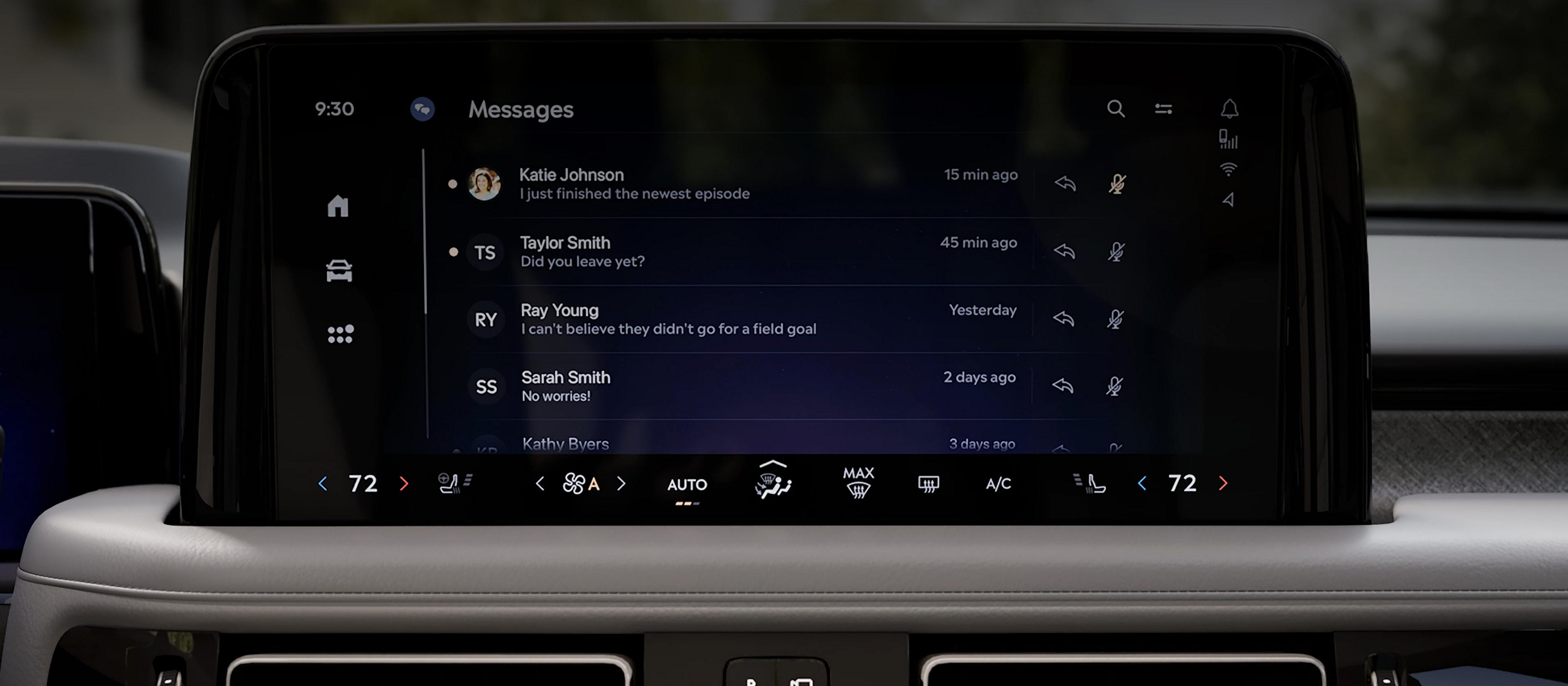 The center touchscreen of a 2026 Lincoln Aviator® SUV displaying text message information