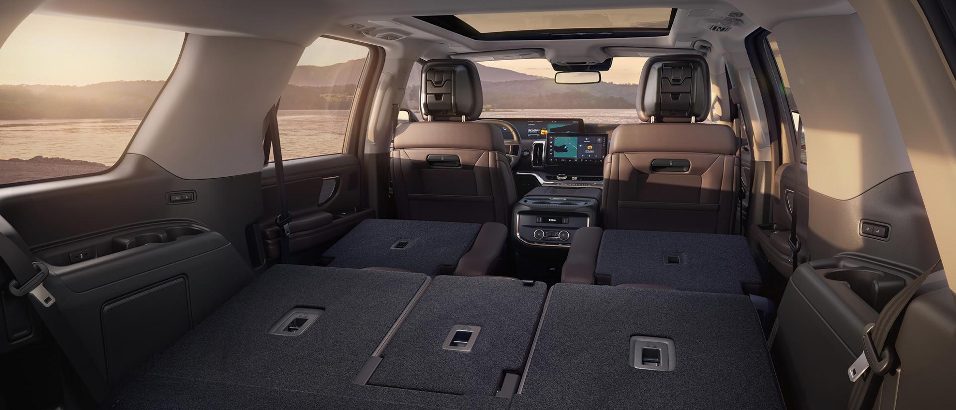 2027 Ford Expedition® Platinum® SUV rear cargo area with the seats folded flat