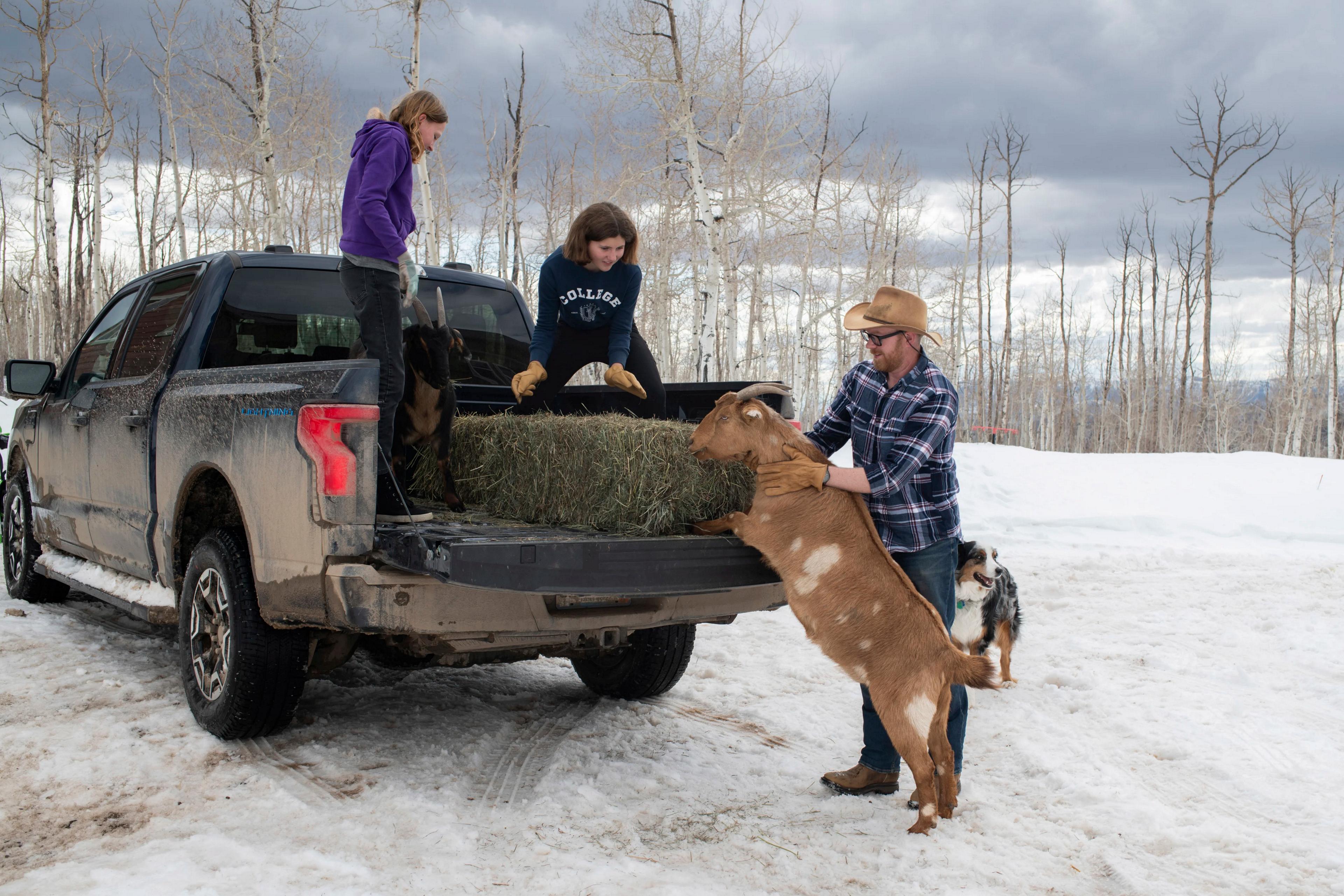 A family of three using their Ford F-150 Lightning to haul farming needs through a snowy field