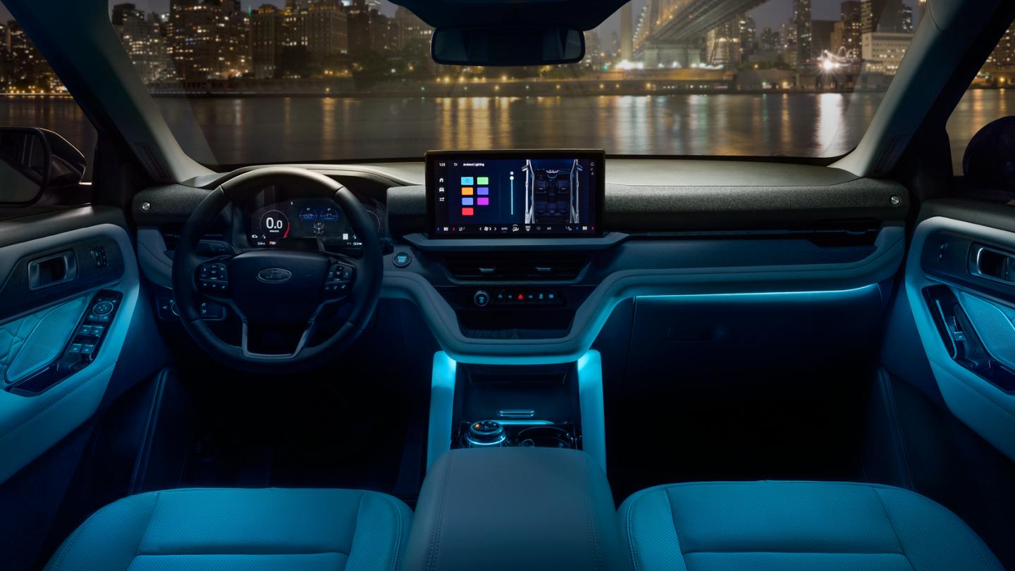 Blue ambient lighting inside a 2025 Ford Explorer