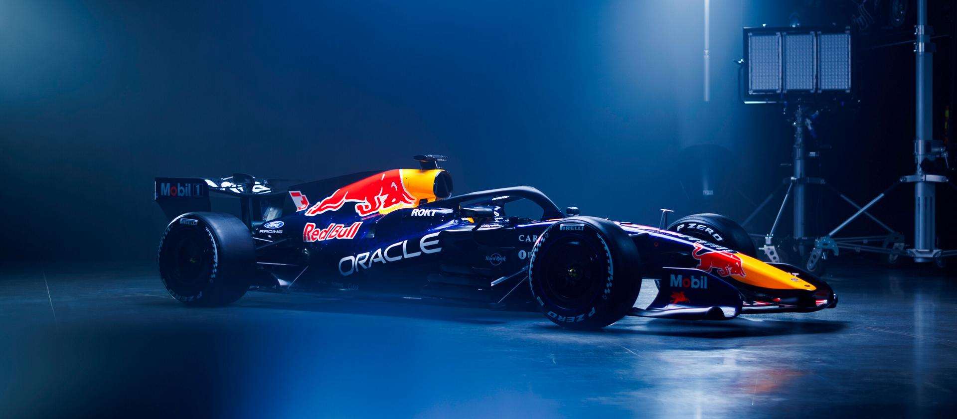 Red Bull Formula One car in a studio under lights