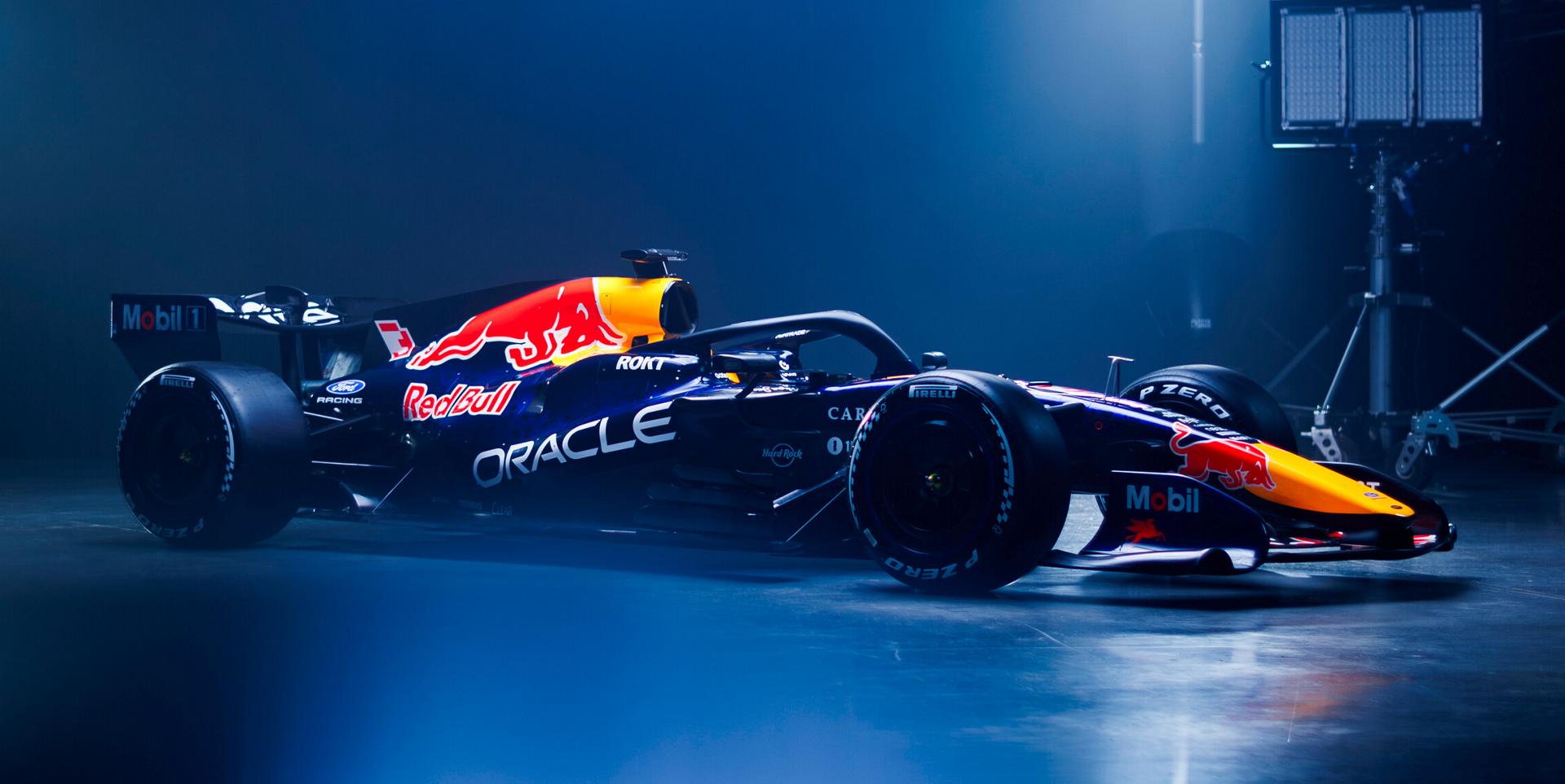 Red Bull Formula One car in a studio under lights