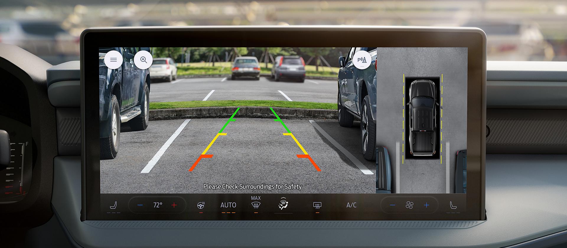 Close-up of the 13.2-inch center display showing the reverse camera view