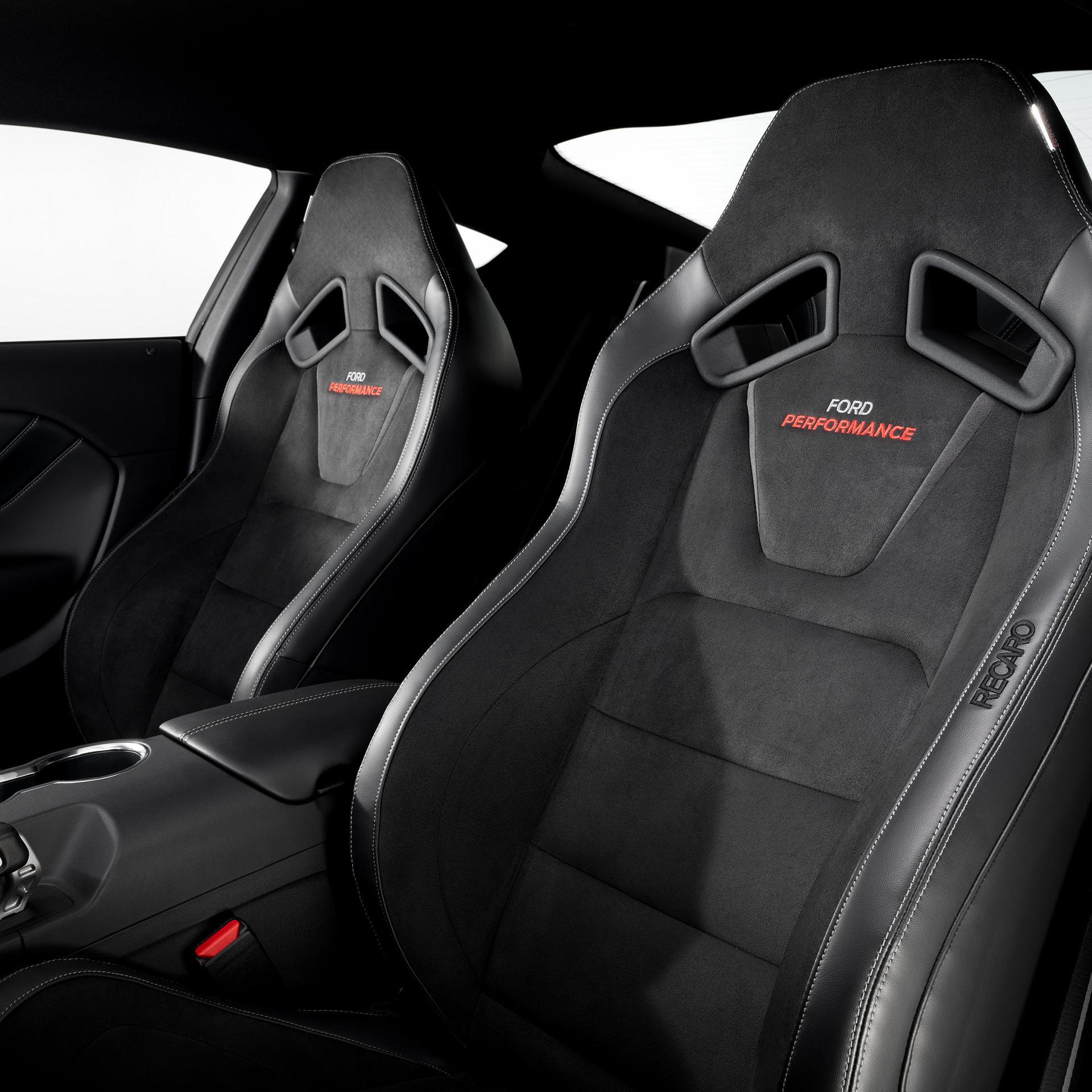 Interior view of the Mustang custom sport seats with contrast stitching and embroidered headrests