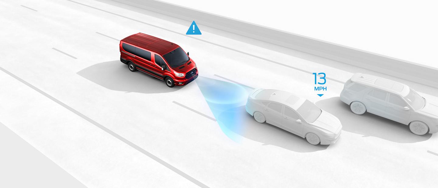 Illustration of a 2025 Ford Transit® van detecting a vehicle ahead of it in traffic