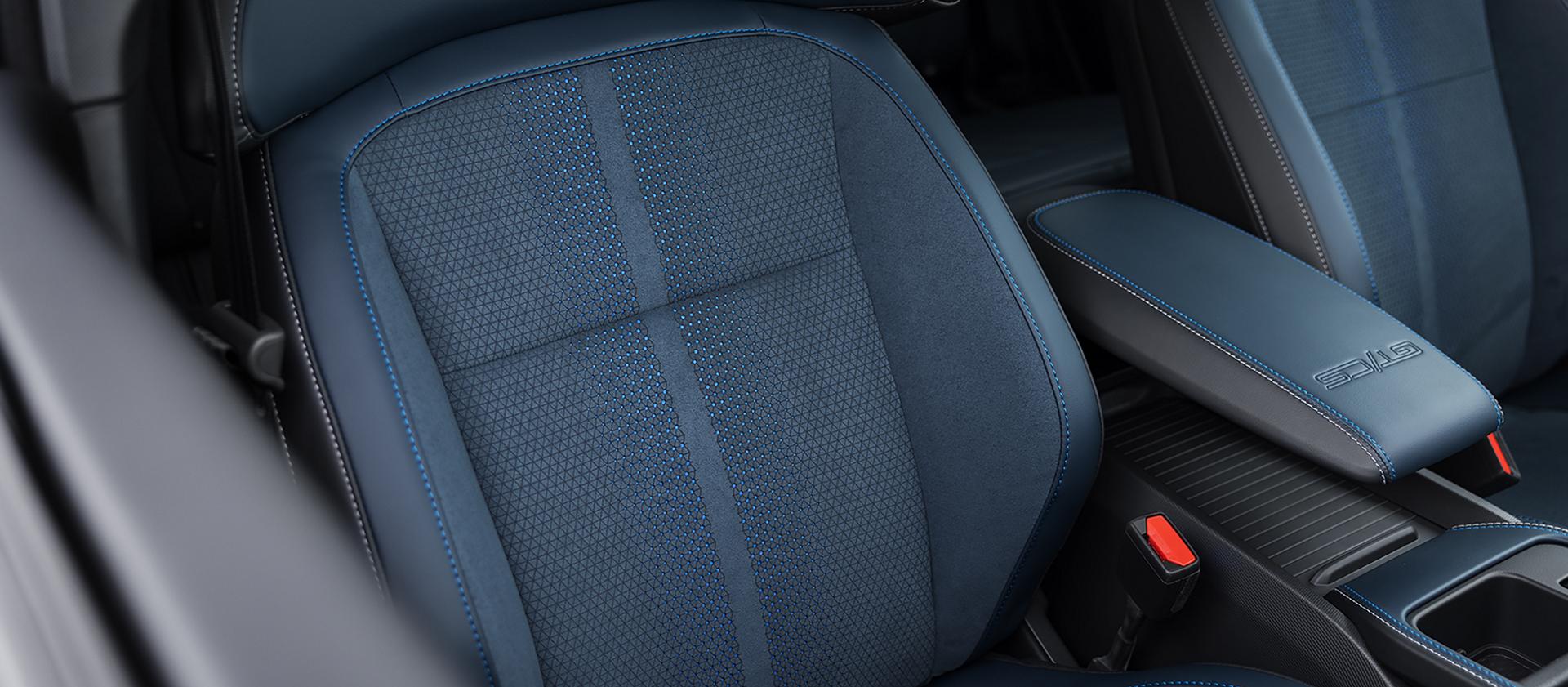 Blue and silver stitching on the seats of the 2026 Ford Mustang Mach-E® SUV with the California Special Package