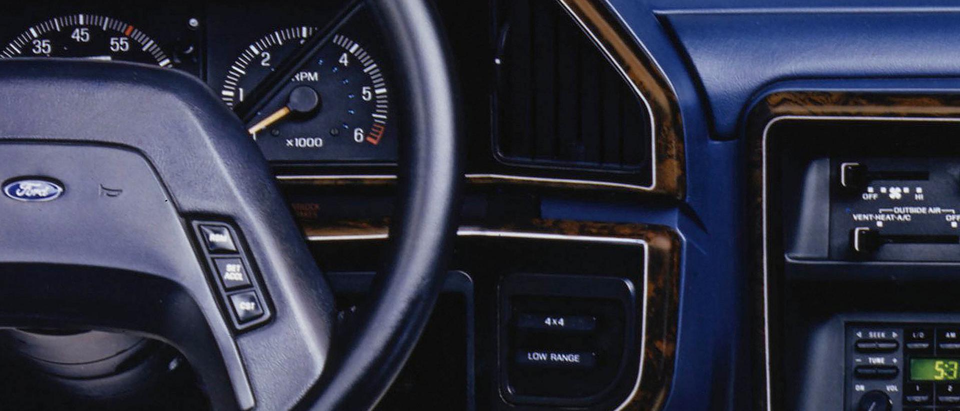 The steering-wheel and front panel of a vintage 1987 Ford Bronco® model