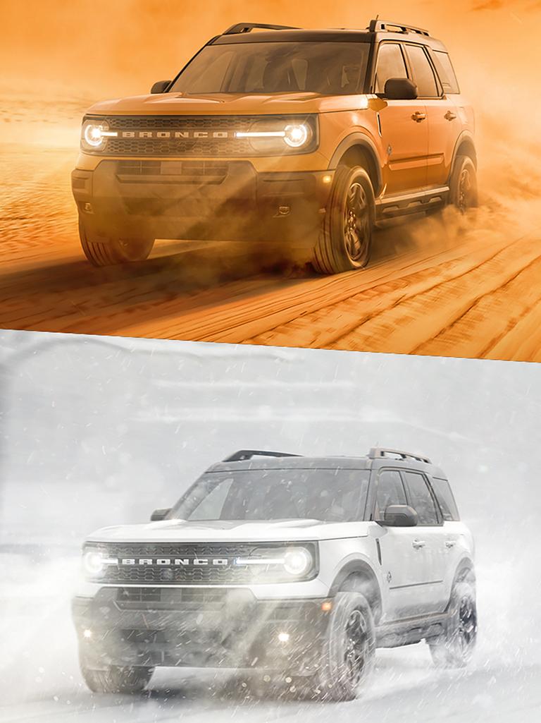 Two views of the 2026 Ford Bronco Sport® driving through the sand and snow