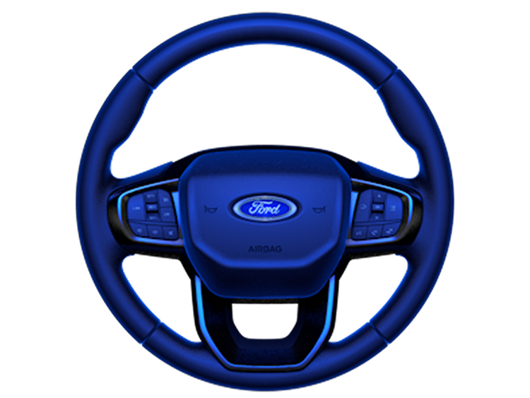 A blue box with an illustration of a steering wheel inside it